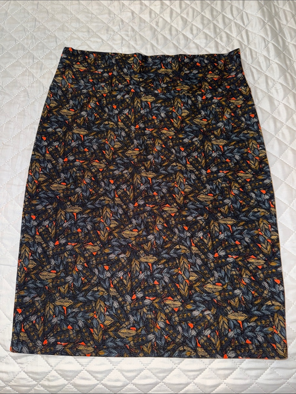 LuLaRoe Pencil Skirt in Black with Multicolor Feather Pattern